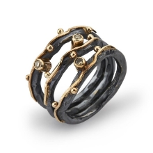 Billede af By Birdie Zeus Tribeca-3 ring sort rhodineret sølv m.14kt og 0,15ct diamanter str. 58